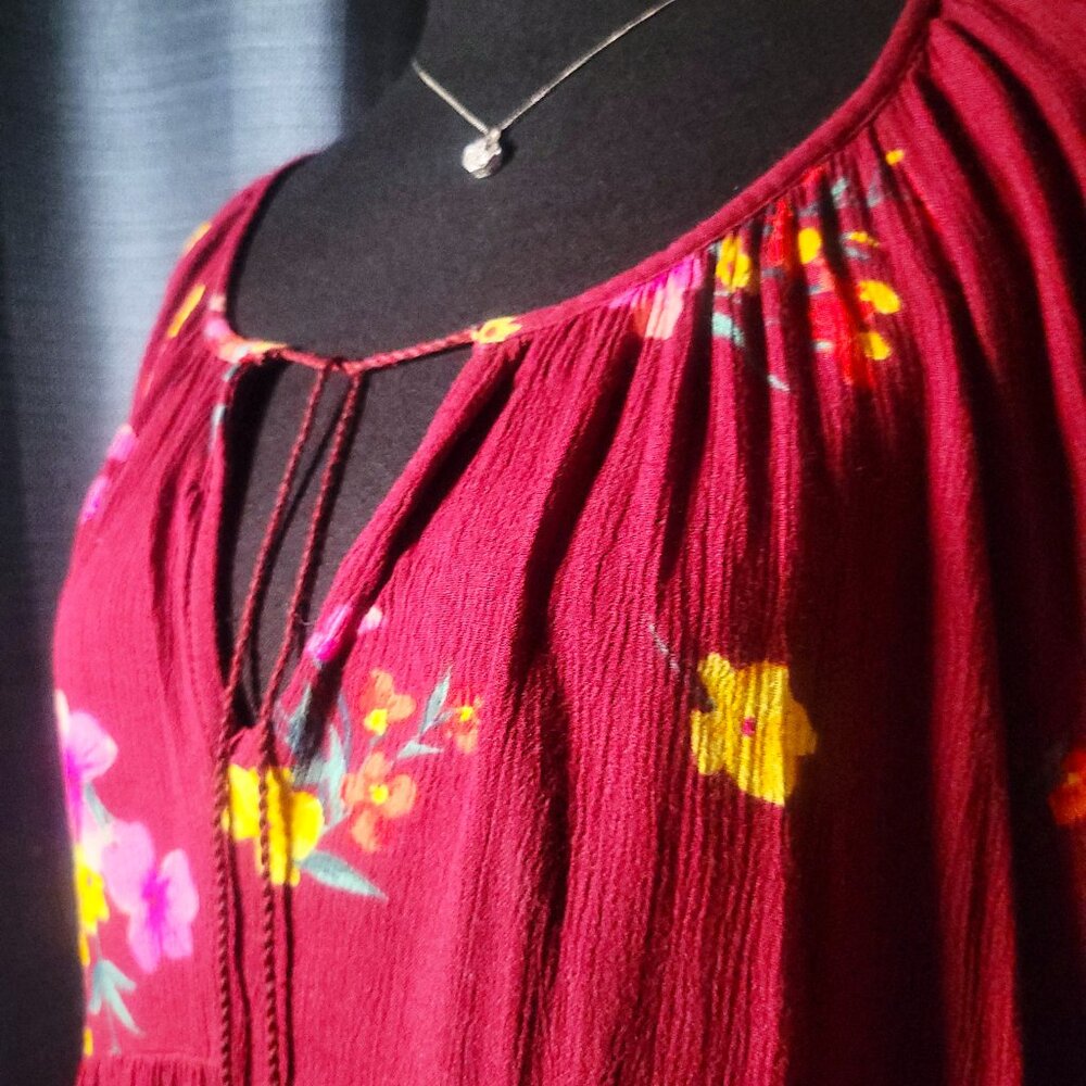 Old Navy Women's Burgandy/Floral Boho Peasant Flowy Blouse - Size XL Petite - Picture 2 of 10
